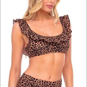Brown & Khaki Leopard Ruffle-Yoke Bikini Top